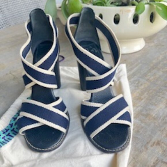 Tory Burch Laurie Criss Cross Elastic High Heel Sandal Navy Blue Size 7 - Picture 9 of 9